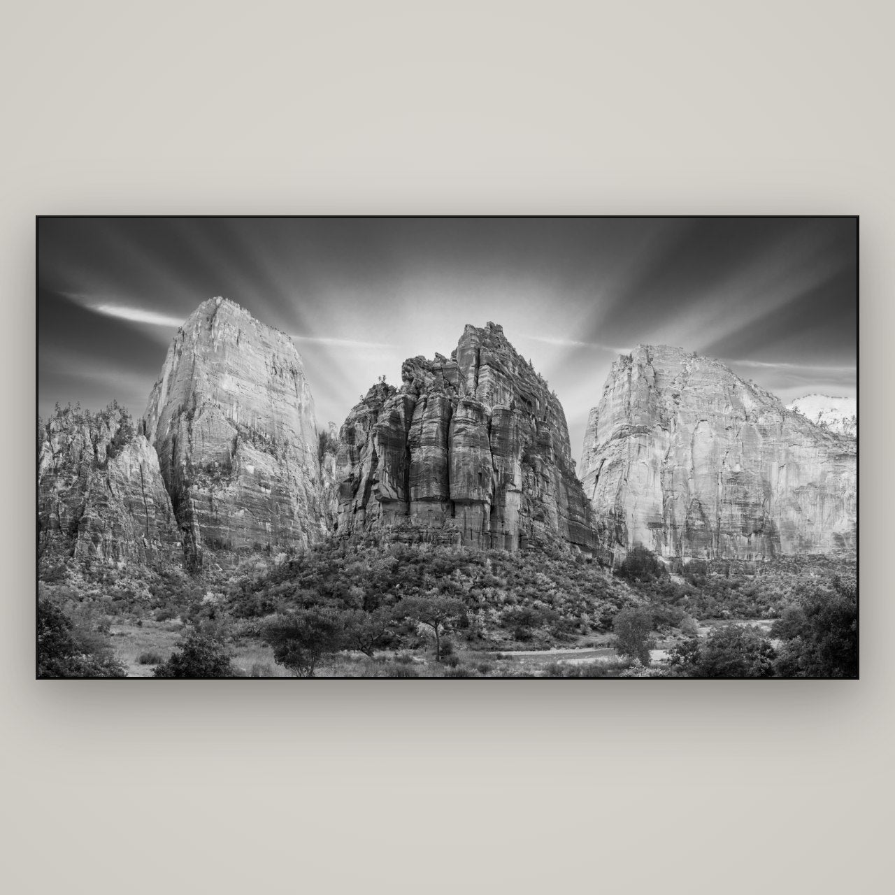 Angelic Sunrise Over Angels Landing, Zion's Majestic Embrace — Slimline Black, 196×110 cm. New Zealand fine art wall art by Stephen Milner.