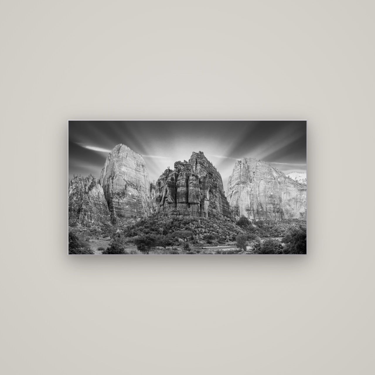Angelic Sunrise Over Angels Landing, Zion's Majestic Embrace — Slimline Silver, 107×60 cm. New Zealand fine art wall art by Stephen Milner.