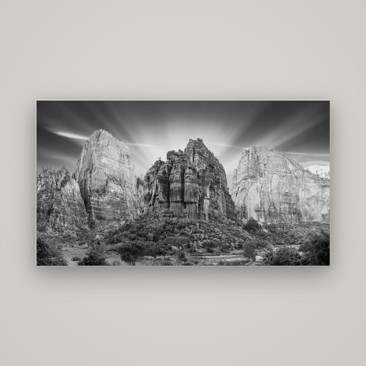 Angelic Sunrise Over Angels Landing, Zion's Majestic Embrace — Slimline Silver, 160×90 cm. New Zealand fine art wall art by Stephen Milner.