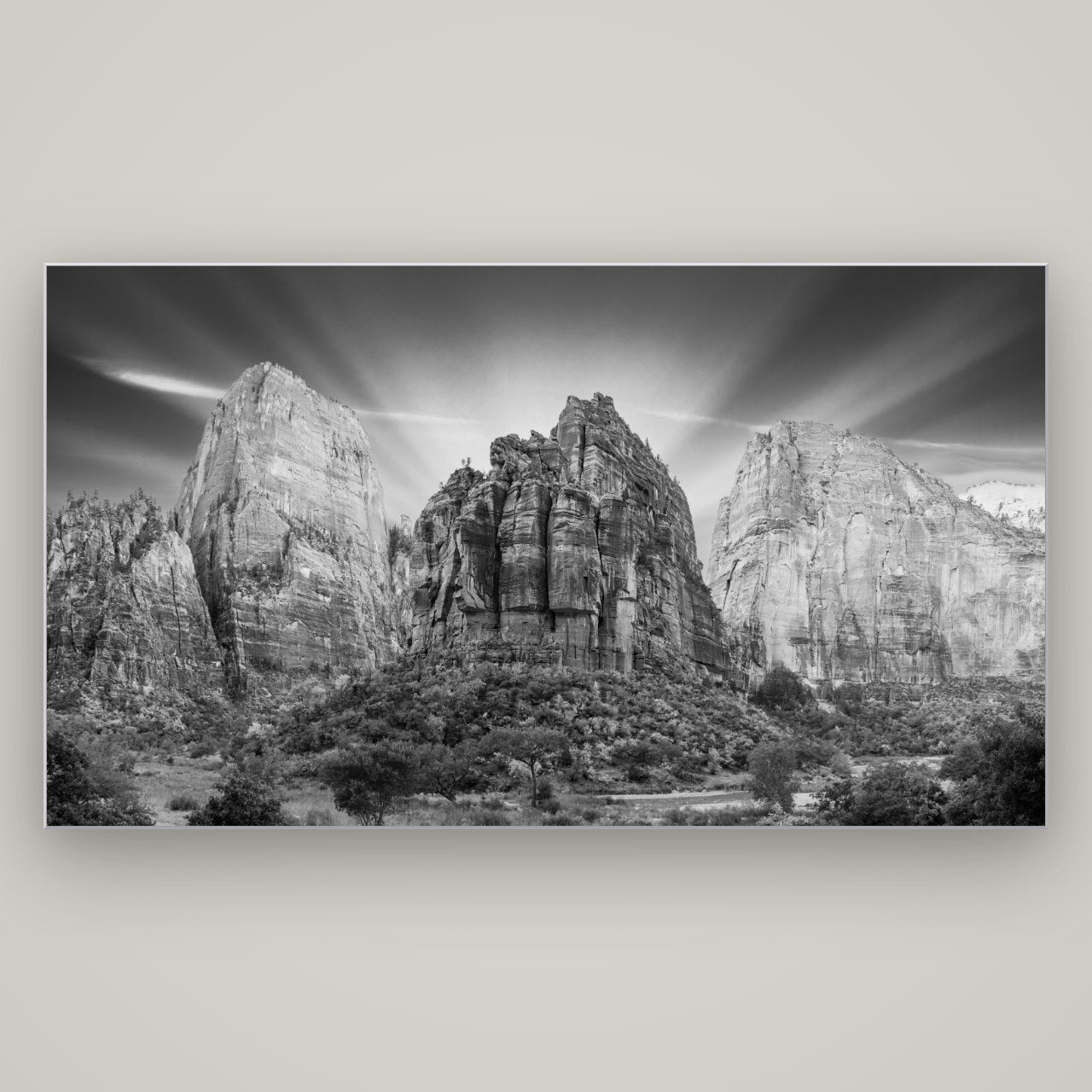 Angelic Sunrise Over Angels Landing, Zion's Majestic Embrace — Slimline Silver, 196×110 cm. New Zealand fine art wall art by Stephen Milner.