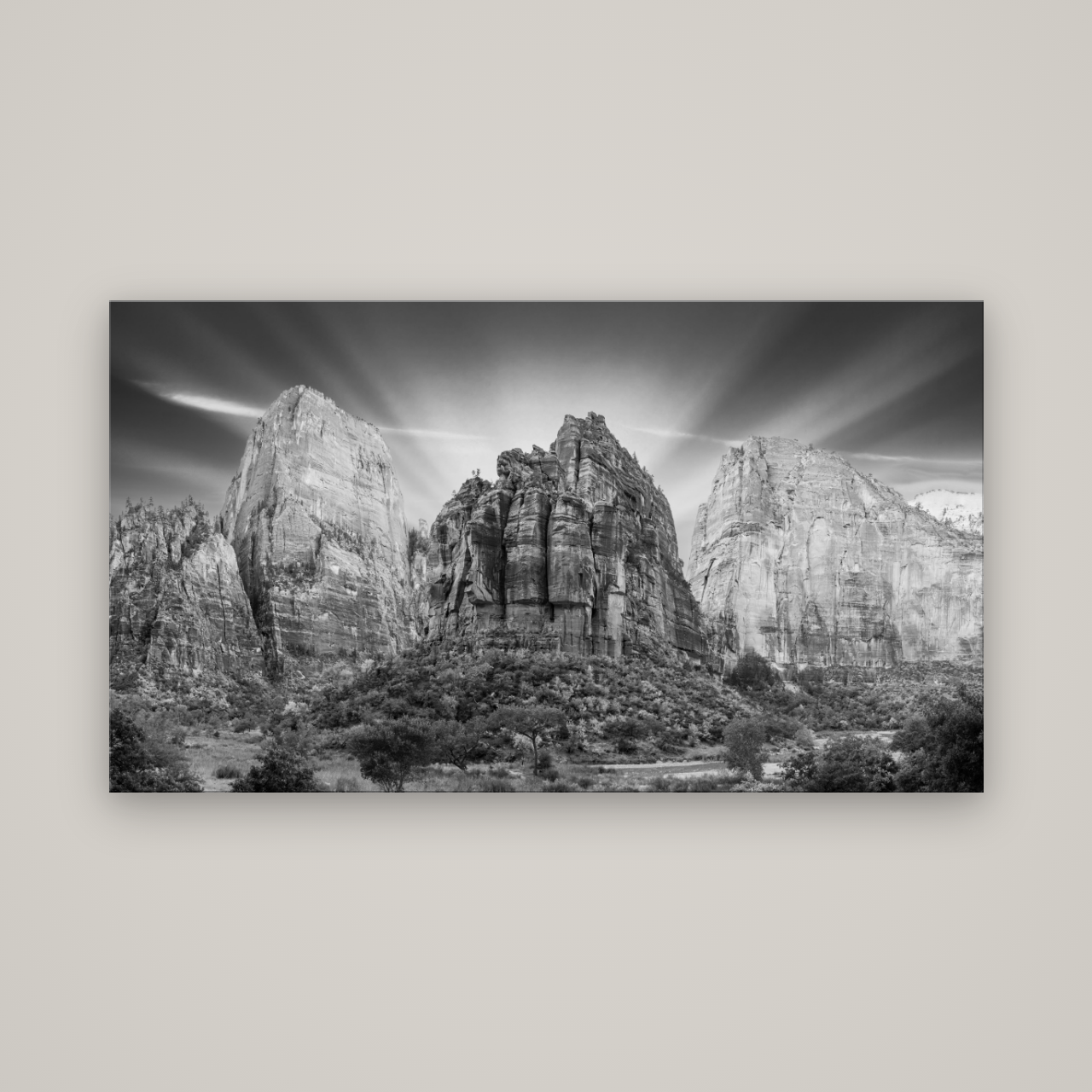Angelic Sunrise Over Angels Landing, Zion's Majestic Embrace — No frame, 160×90 cm. New Zealand fine art wall art by Stephen Milner.