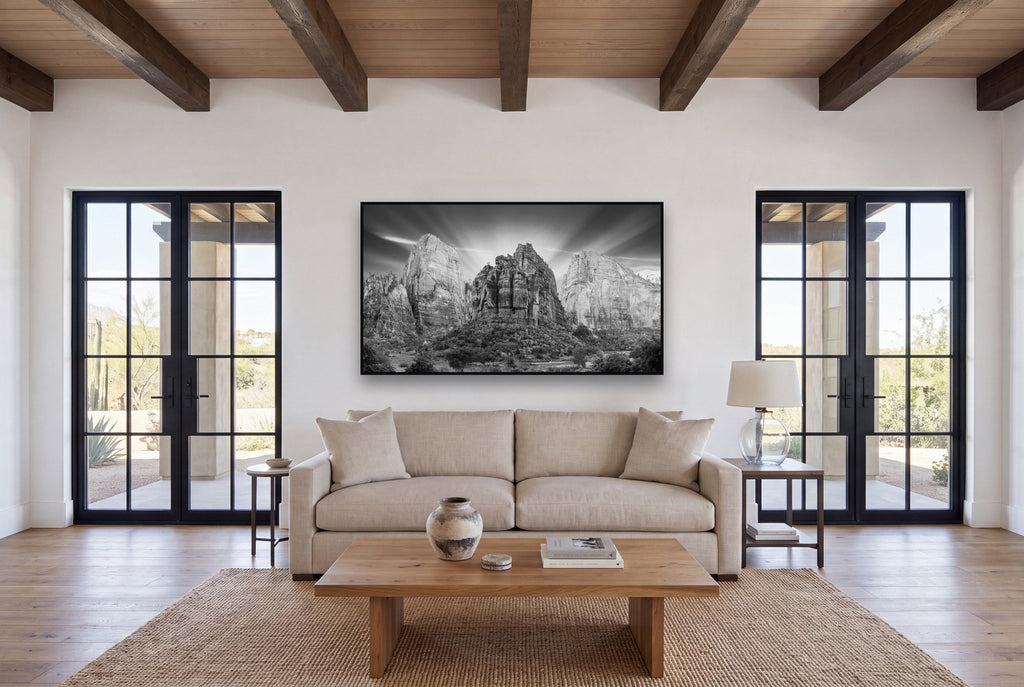 Angelic Sunrise Over Angels Landing, Zion's Majestic Embrace shown as large black and white wall art in a styled room, fine art by Stephen Milner.