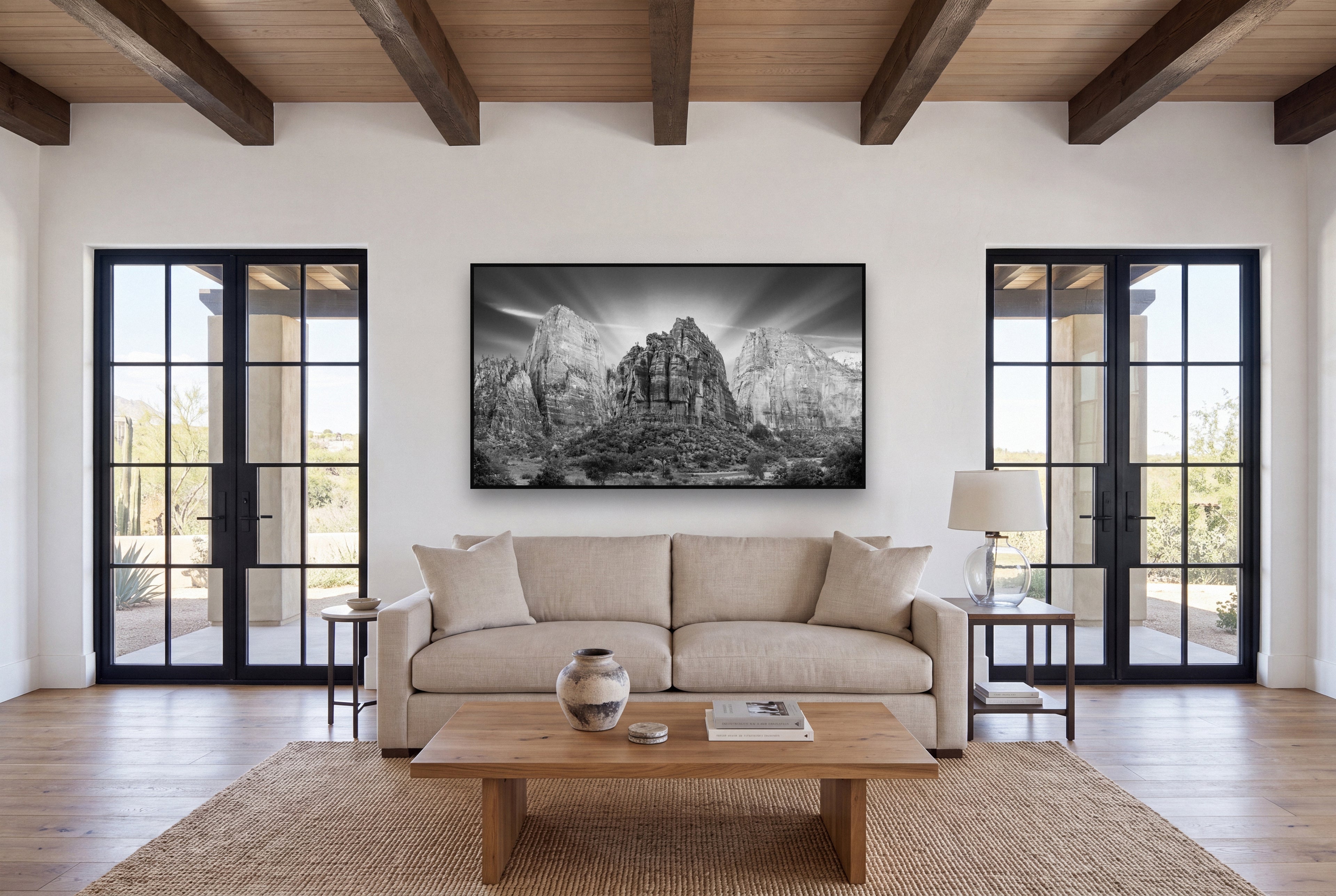 Angelic Sunrise Over Angels Landing, Zion's Majestic Embrace shown as large black and white wall art in a styled room, fine art by Stephen Milner.