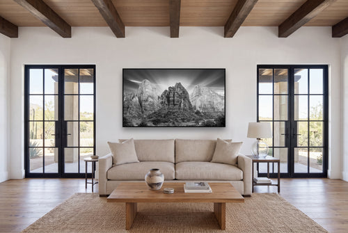 Angelic Sunrise Over Angels Landing, Zion's Majestic Embrace shown as large black and white wall art in a styled room, fine art by Stephen Milner.