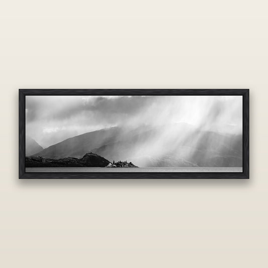Aspiring Storm, Lake Wanaka, black and white framed metallic canvas print, Black frame. New Zealand fine art wall art by Stephen Milner.