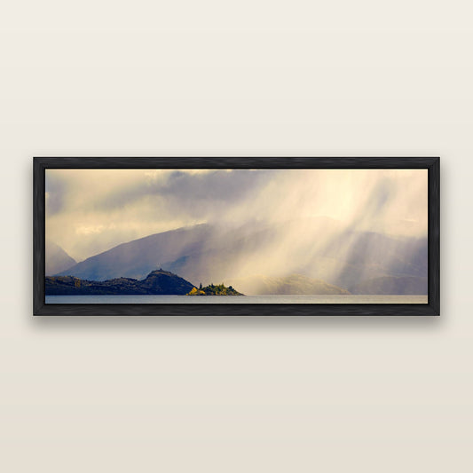 Aspiring Storm, Lake Wanaka — framed metallic canvas print, Black frame. New Zealand fine art landscape wall art by Stephen Milner.