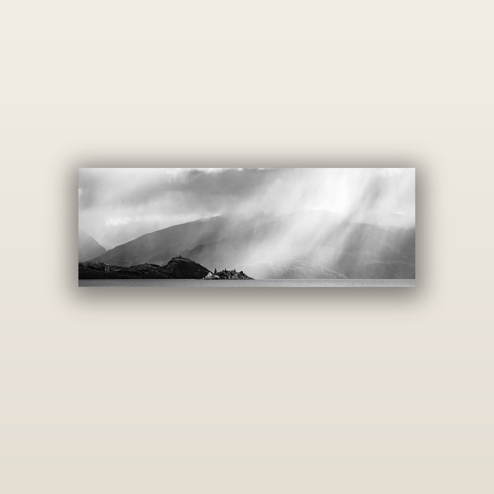 Aspiring Storm, Lake Wanaka — acrylic glass print, 122 × 41 cm. New Zealand fine art landscape wall art by Stephen Milner.