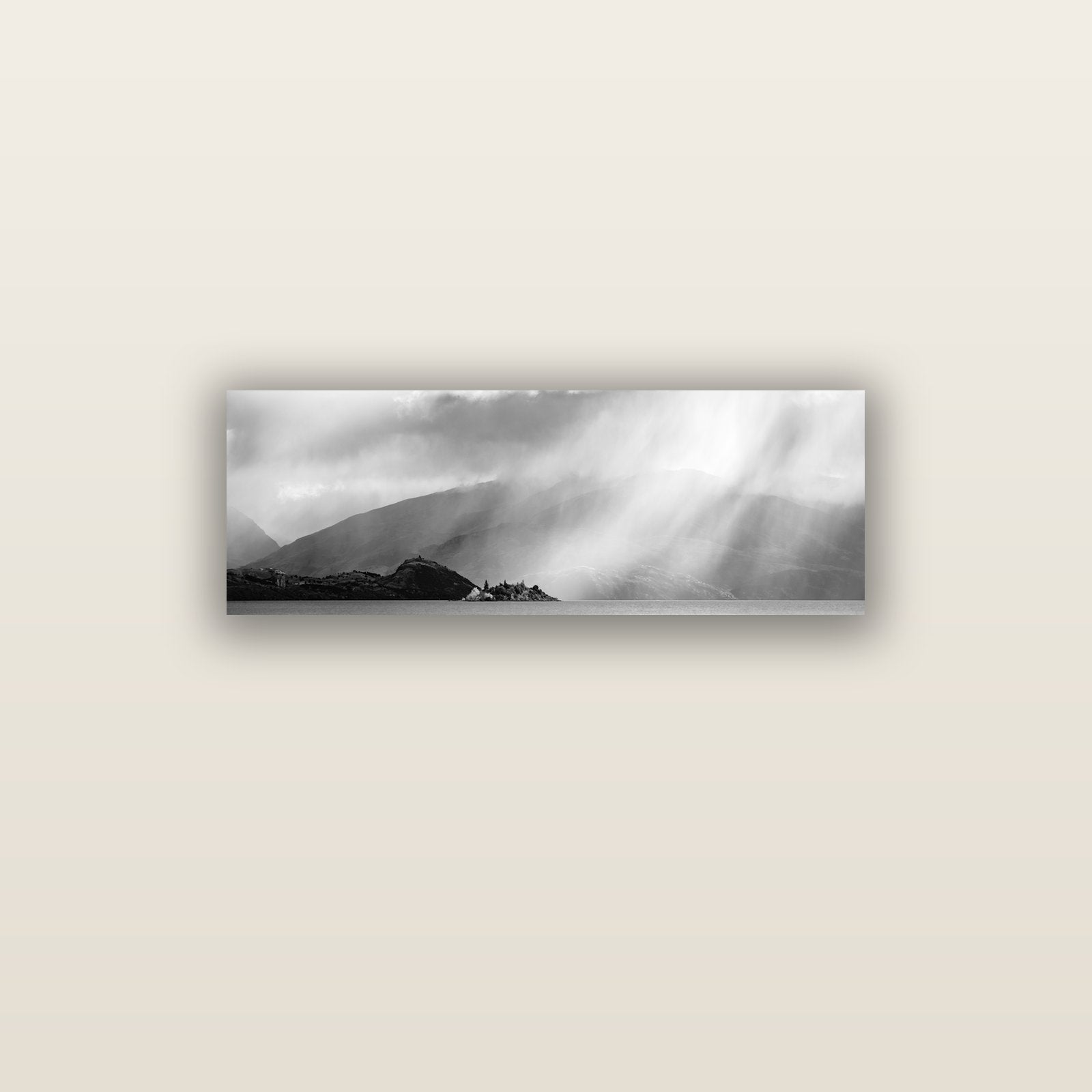 Aspiring Storm, Lake Wanaka — acrylic glass print, 91 × 30 cm. New Zealand fine art landscape wall art by Stephen Milner.