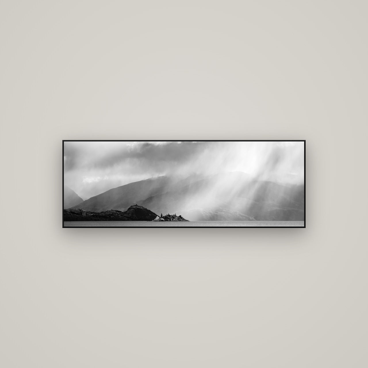 Aspiring Storm, Lake Wanaka — ArtBox Black, 113×40 cm. New Zealand fine art wall art by Stephen Milner.