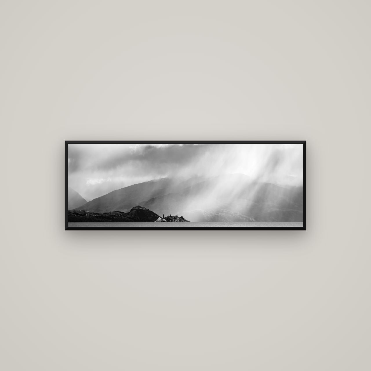 Aspiring Storm, Lake Wanaka — Basel Black Matte, 113×40 cm. New Zealand fine art wall art by Stephen Milner.