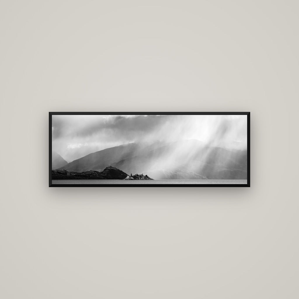 Aspiring Storm, Lake Wanaka — Basel Black Matte, 113×40 cm. New Zealand fine art wall art by Stephen Milner.
