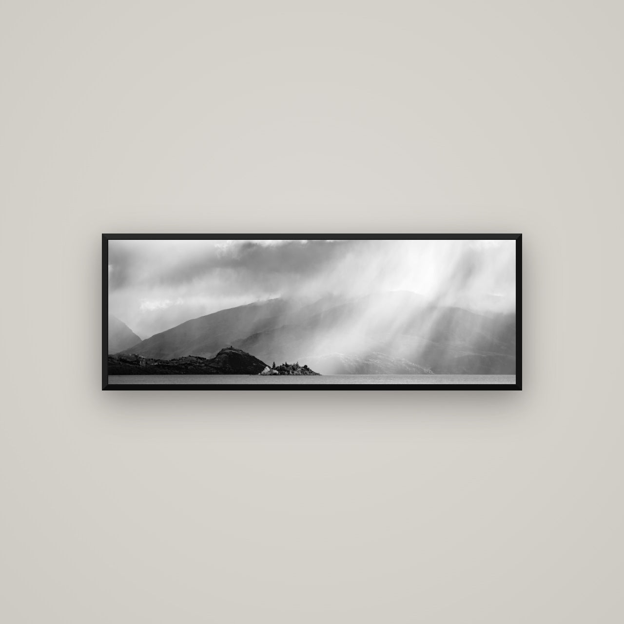 Aspiring Storm, Lake Wanaka — Basel Black, 113×40 cm. New Zealand fine art wall art by Stephen Milner.