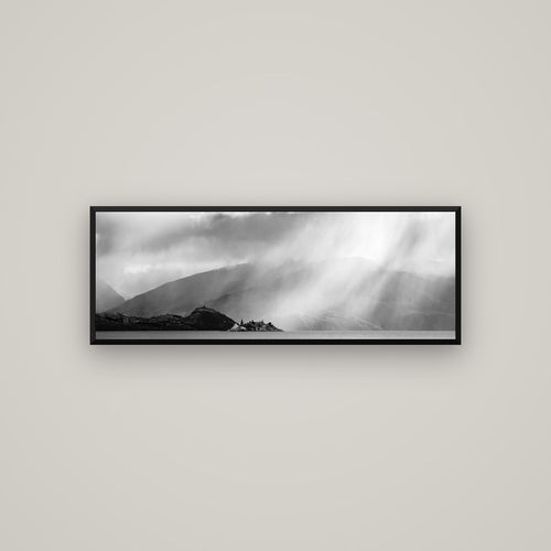 Aspiring Storm, Lake Wanaka — Basel Black, 113×40 cm. New Zealand fine art wall art by Stephen Milner.