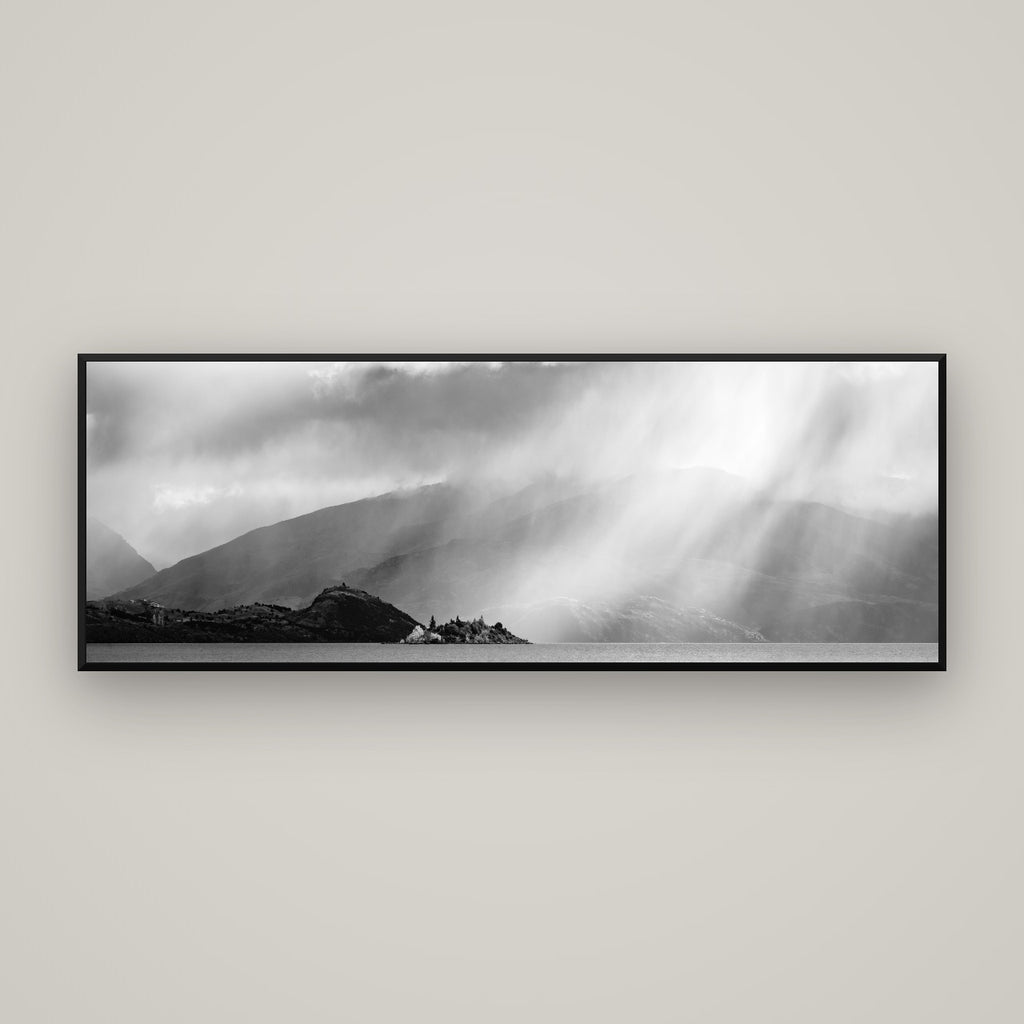 Aspiring Storm, Lake Wanaka — Basel Black Matte, 170×60 cm. New Zealand fine art wall art by Stephen Milner.