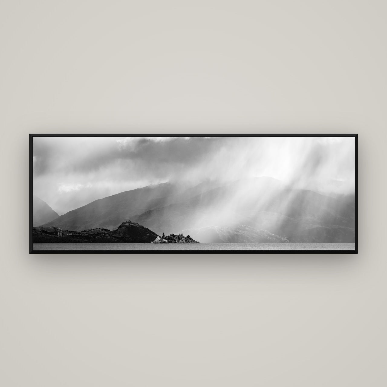 Aspiring Storm, Lake Wanaka — Basel Black, 170×60 cm. New Zealand fine art wall art by Stephen Milner.
