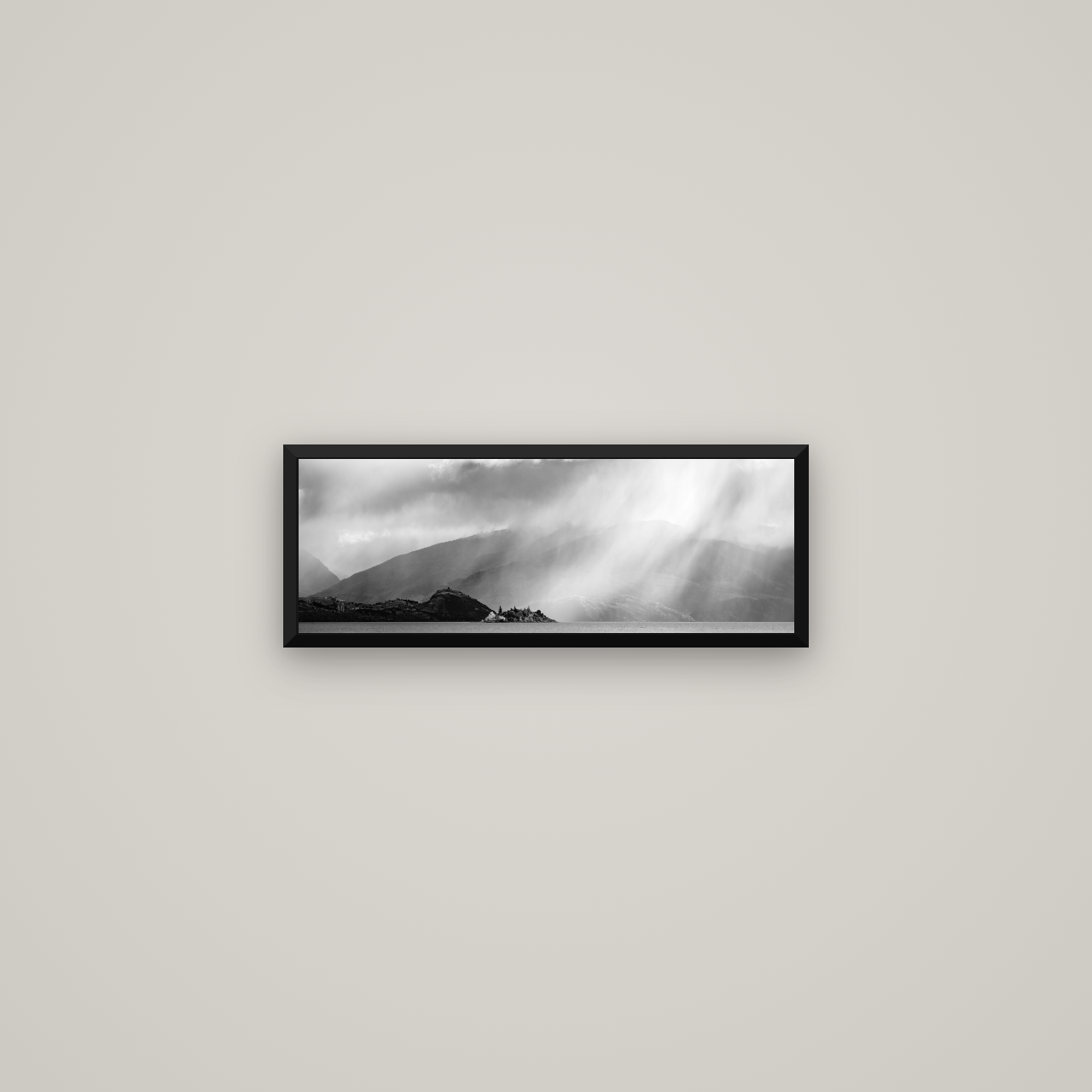 Aspiring Storm, Lake Wanaka — Basel Black Matte, 57×20 cm. New Zealand fine art wall art by Stephen Milner.