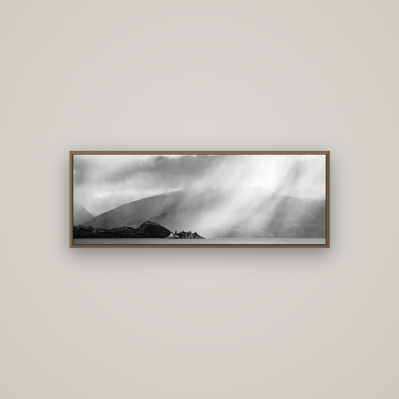 Aspiring Storm, Lake Wanaka, Basel Walnut, 113×40 cm. New Zealand fine art wall art by Stephen Milner.