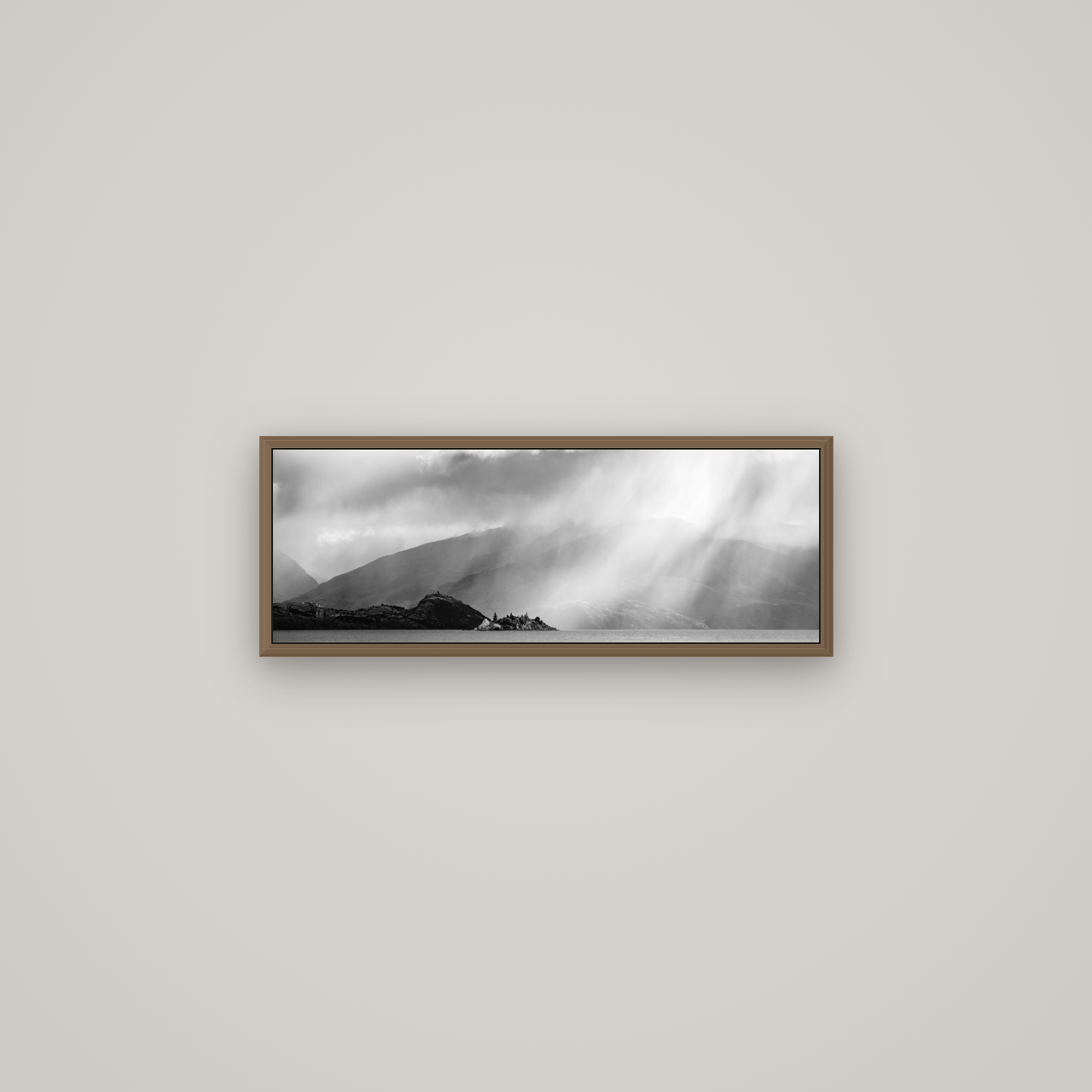 Aspiring Storm, Lake Wanaka, Basel Walnut, 68×24 cm. New Zealand fine art wall art by Stephen Milner.
