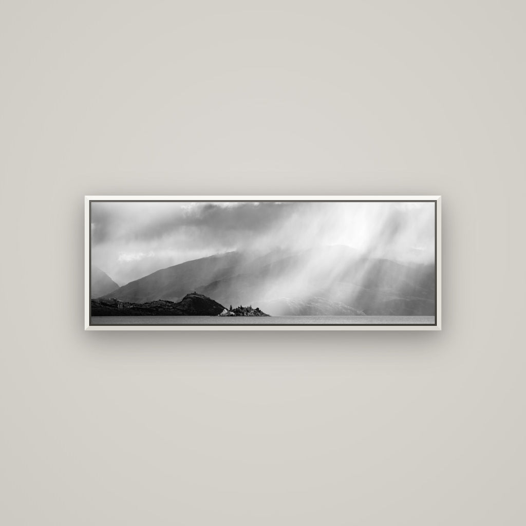 Aspiring Storm, Lake Wanaka — Basel White, 113×40 cm. New Zealand fine art wall art by Stephen Milner.