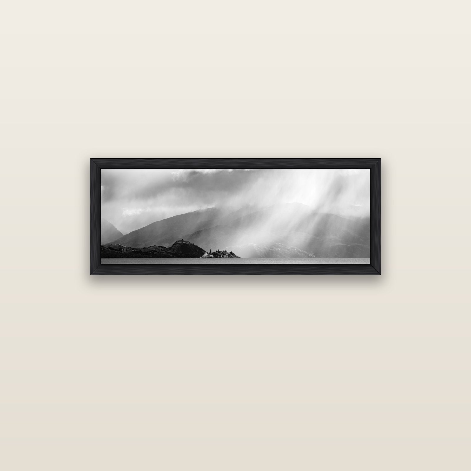Aspiring Storm, Lake Wanaka — black float frame canvas, 102 × 36 cm. New Zealand fine art landscape wall art by Stephen Milner.
