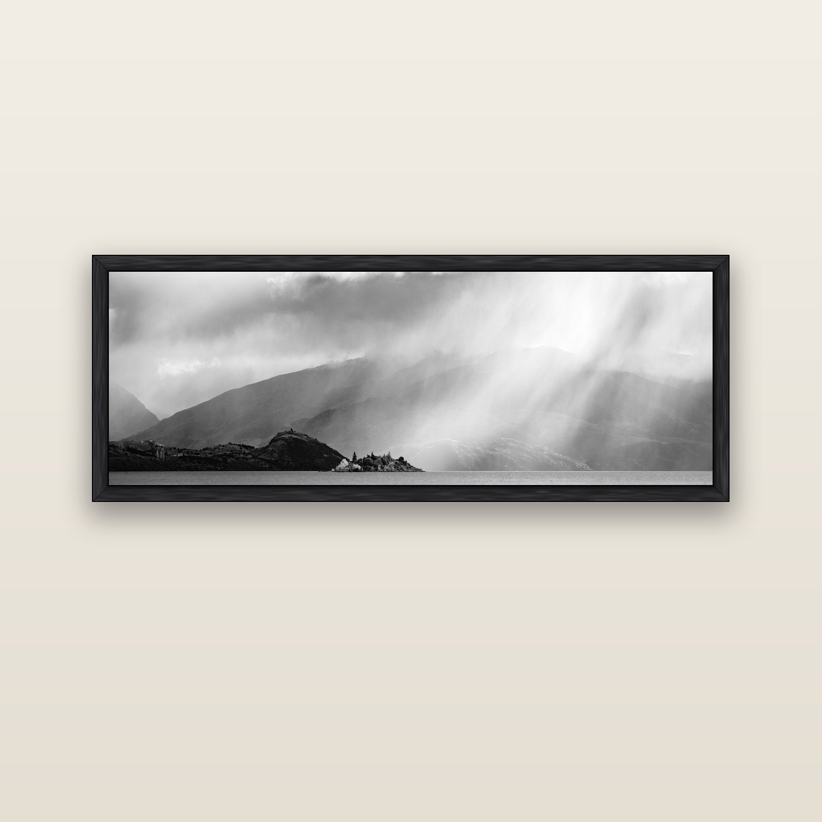 Aspiring Storm, Lake Wanaka — black float frame canvas, 152 × 56 cm. New Zealand fine art landscape wall art by Stephen Milner.