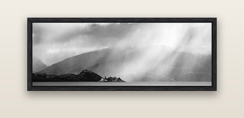 Aspiring Storm, Lake Wanaka — black float frame canvas, 152 × 56 cm. New Zealand fine art landscape wall art by Stephen Milner.