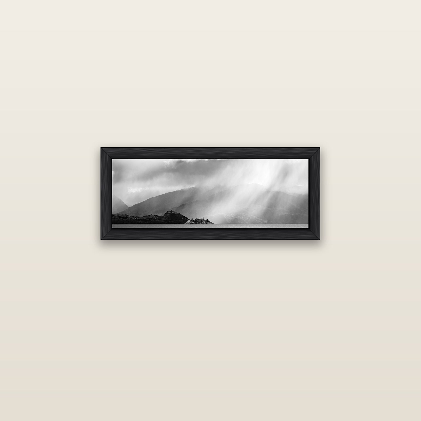 Aspiring Storm, Lake Wanaka — black float frame canvas, 71 × 25 cm. New Zealand fine art landscape wall art by Stephen Milner.