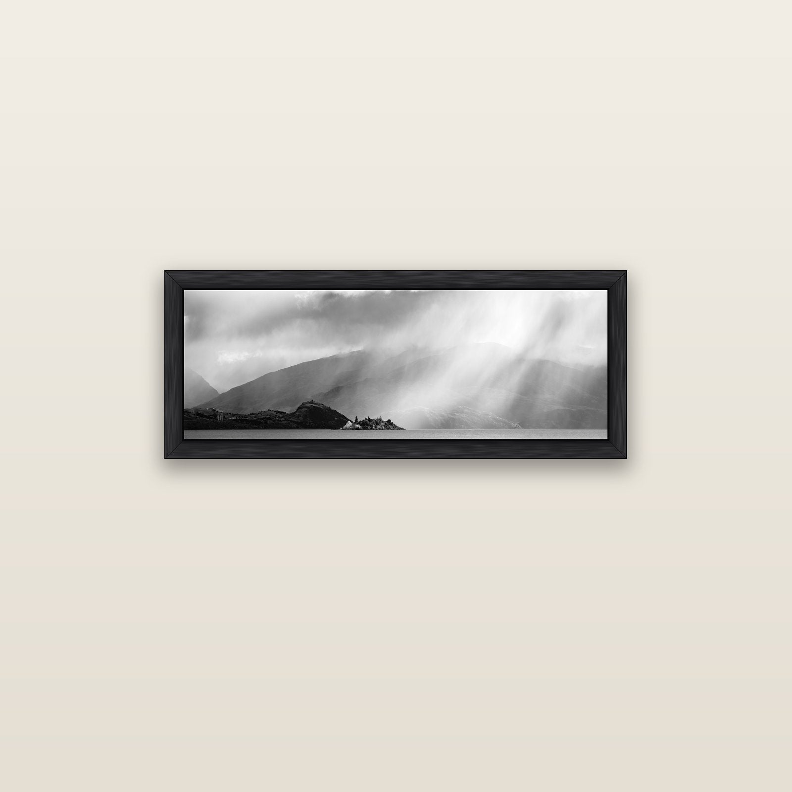 Aspiring Storm, Lake Wanaka — black float frame canvas, 91 × 31 cm. New Zealand fine art landscape wall art by Stephen Milner.