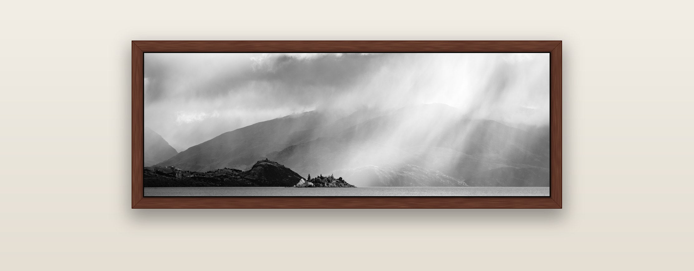 Aspiring Storm, Lake Wanaka — brown float frame framed canvas print. New Zealand fine art landscape wall art by Stephen Milner.
