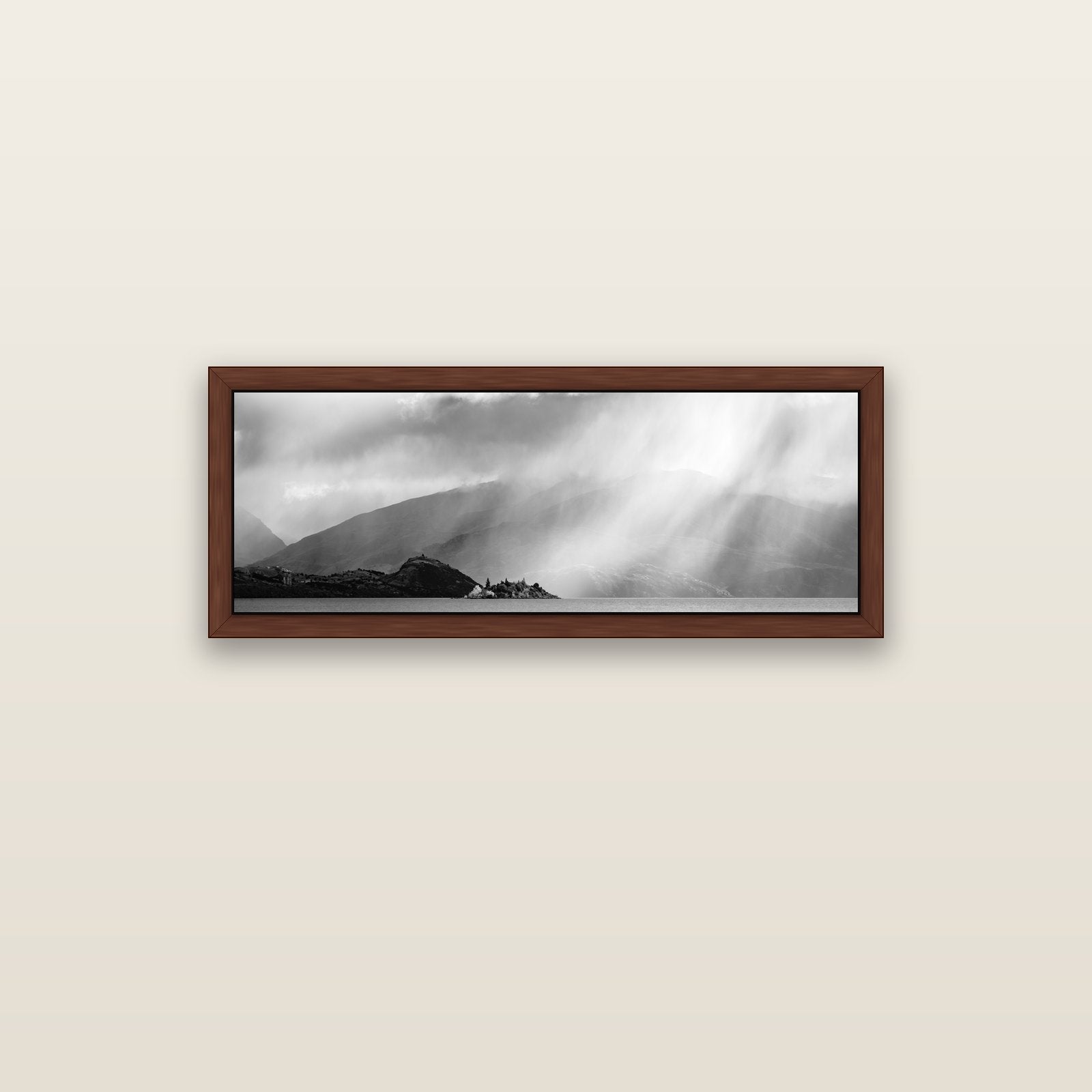 Aspiring Storm, Lake Wanaka — brown float frame canvas, 102 × 36 cm. New Zealand fine art landscape wall art by Stephen Milner.