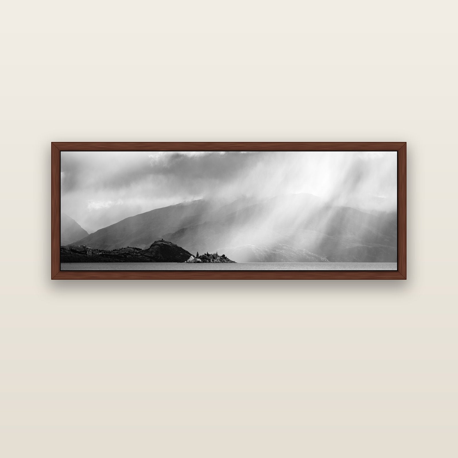 Aspiring Storm, Lake Wanaka — brown float frame canvas, 152 × 56 cm. New Zealand fine art landscape wall art by Stephen Milner.