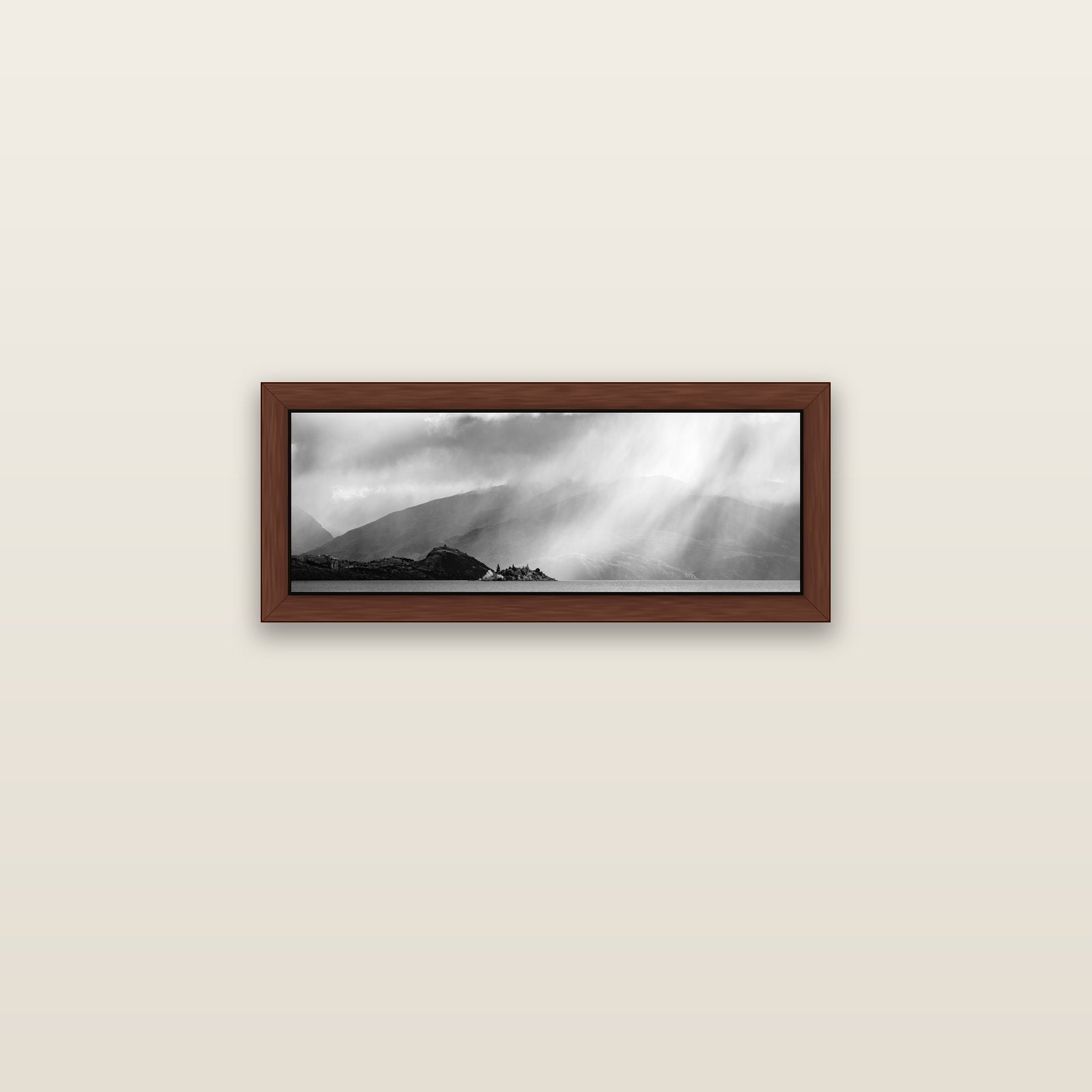 Aspiring Storm, Lake Wanaka — brown float frame canvas, 71 × 25 cm. New Zealand fine art landscape wall art by Stephen Milner.