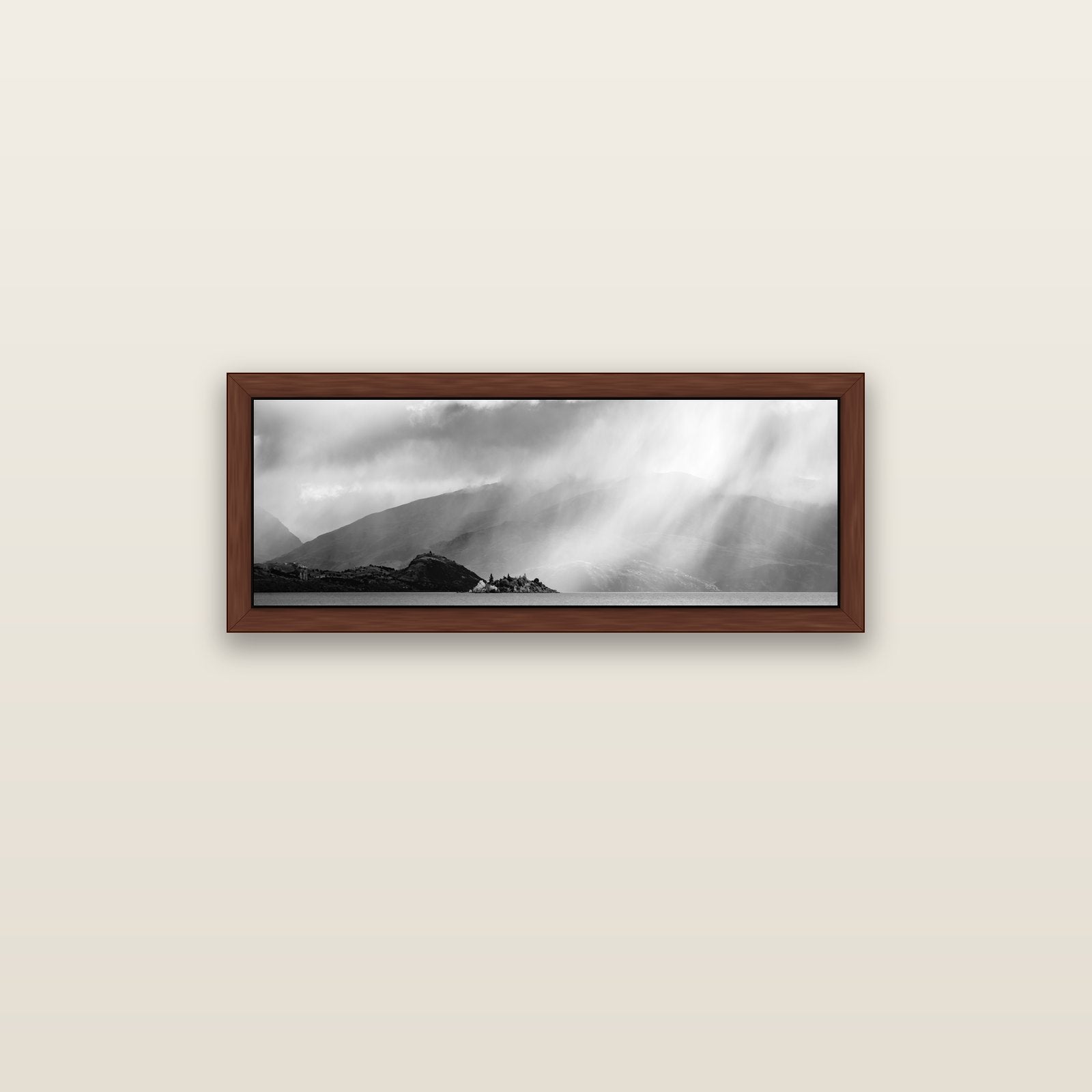 Aspiring Storm, Lake Wanaka — brown float frame canvas, 91 × 31 cm. New Zealand fine art landscape wall art by Stephen Milner.