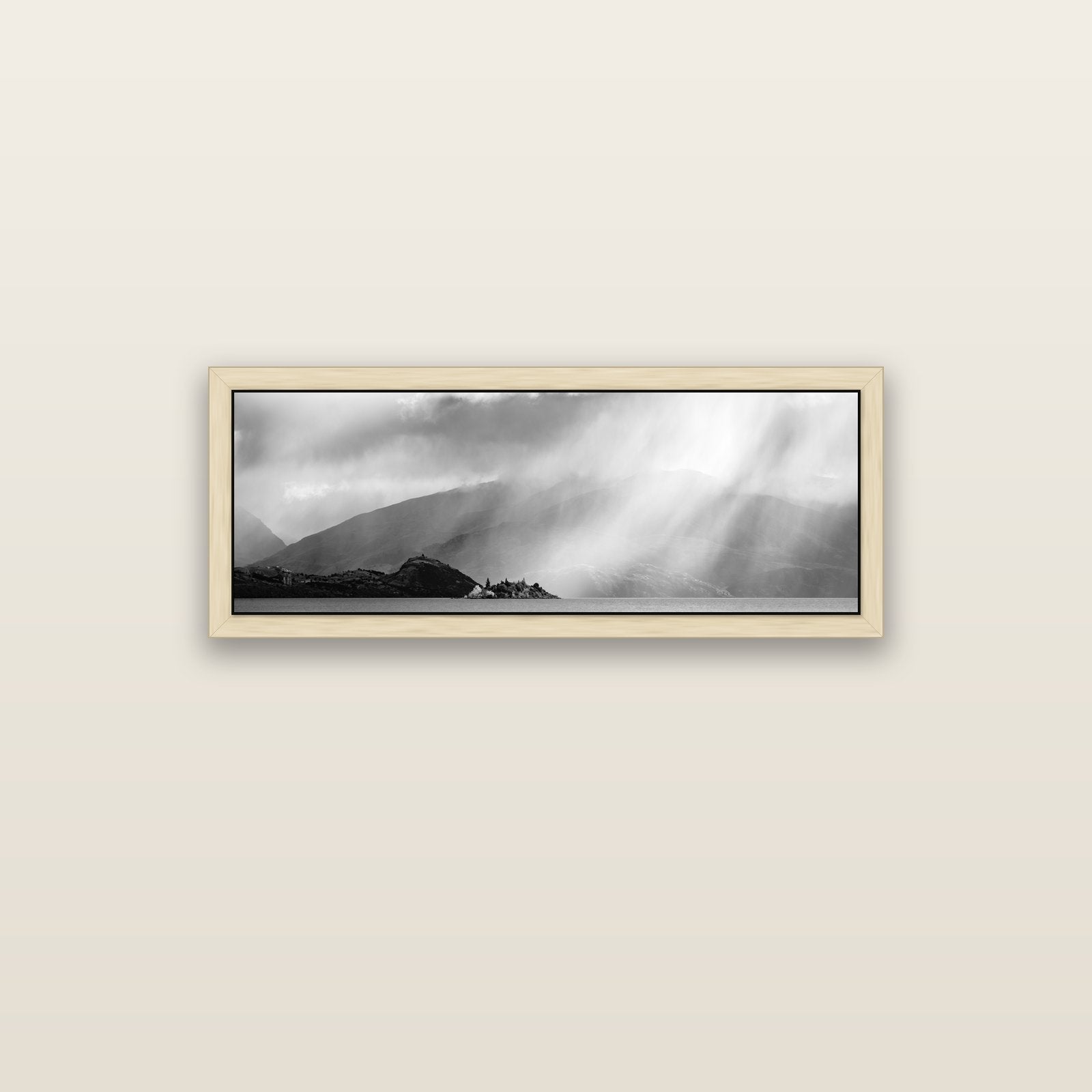 Aspiring Storm, Lake Wanaka — natural float frame canvas, 102 × 36 cm. New Zealand fine art landscape wall art by Stephen Milner.