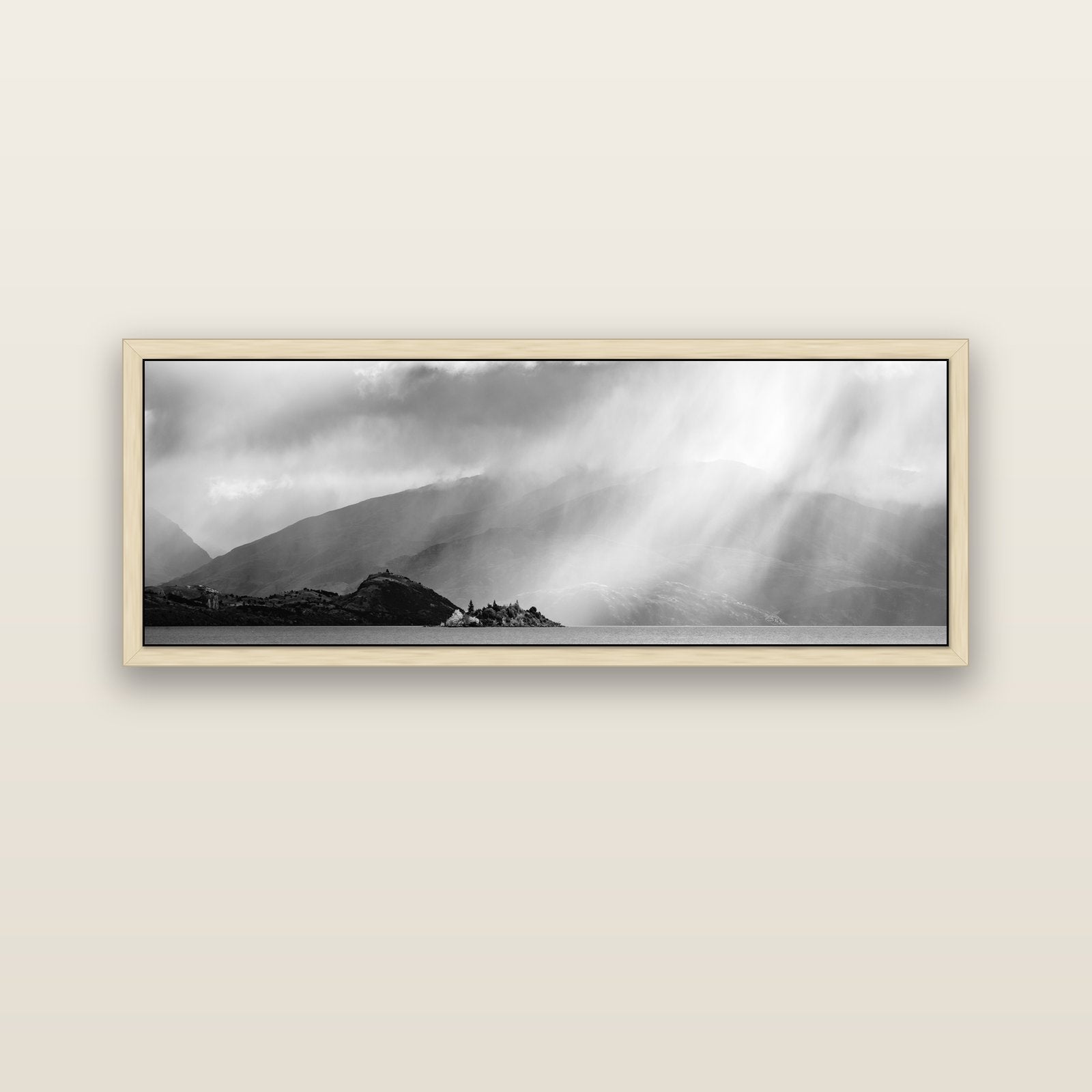 Aspiring Storm, Lake Wanaka — natural float frame canvas, 152 × 56 cm. New Zealand fine art landscape wall art by Stephen Milner.