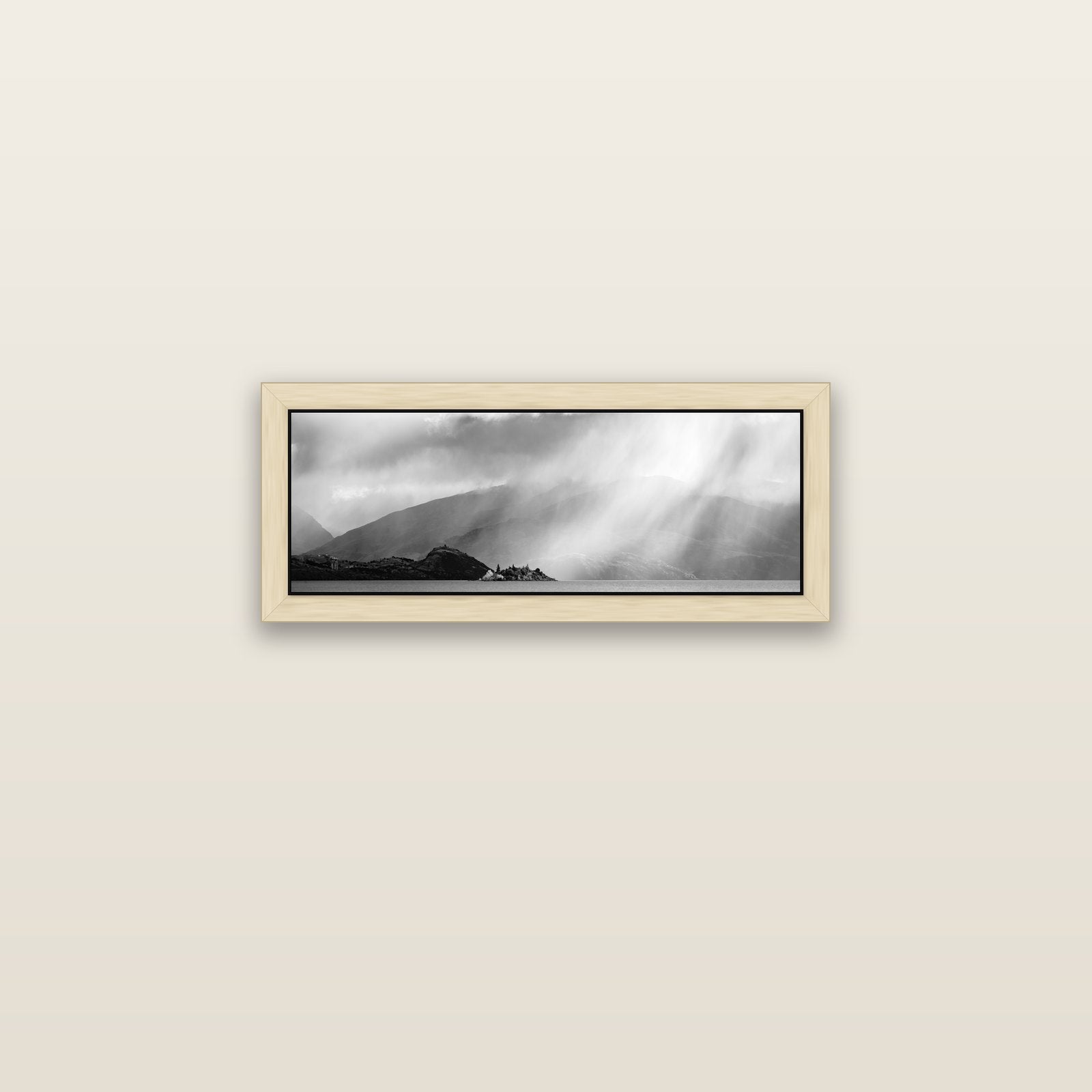 Aspiring Storm, Lake Wanaka — natural float frame canvas, 71 × 25 cm. New Zealand fine art landscape wall art by Stephen Milner.