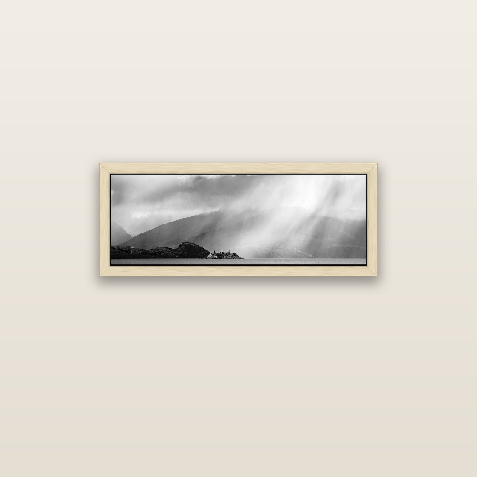 Aspiring Storm, Lake Wanaka — natural float frame canvas, 91 × 31 cm. New Zealand fine art landscape wall art by Stephen Milner.