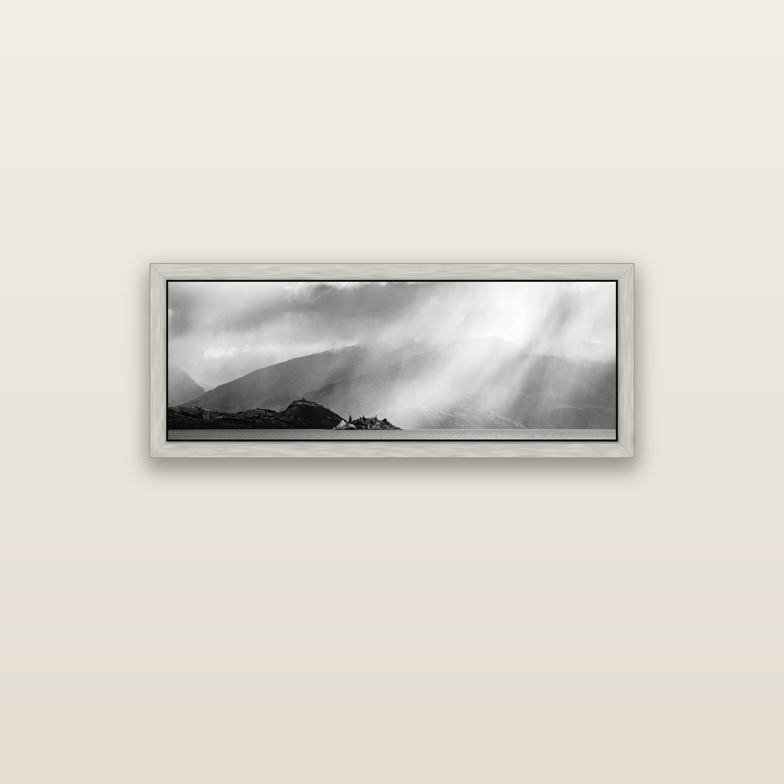 Aspiring Storm, Lake Wanaka — silver float frame canvas, 102 × 36 cm. New Zealand fine art landscape wall art by Stephen Milner.