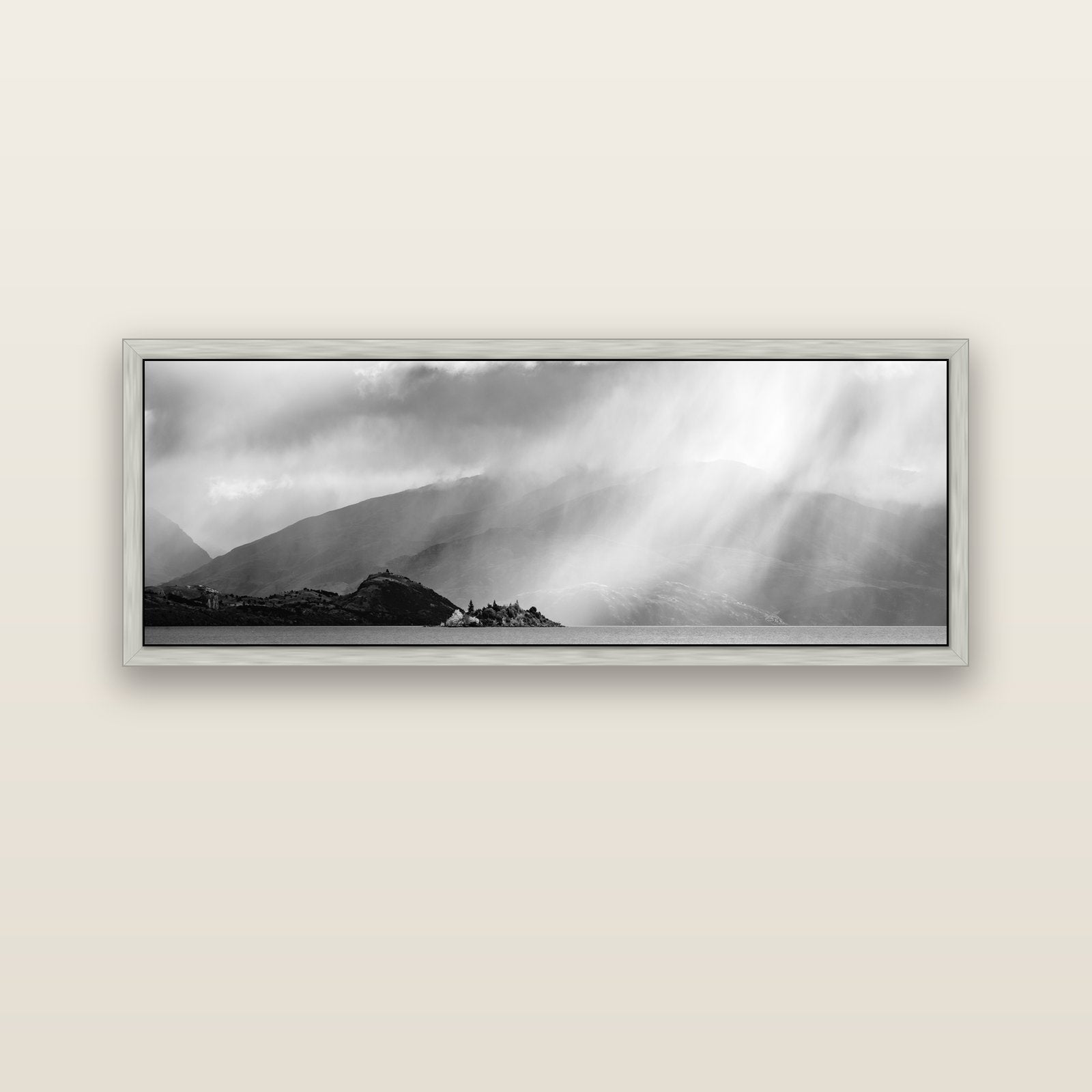 Aspiring Storm, Lake Wanaka — silver float frame canvas, 152 × 56 cm. New Zealand fine art landscape wall art by Stephen Milner.