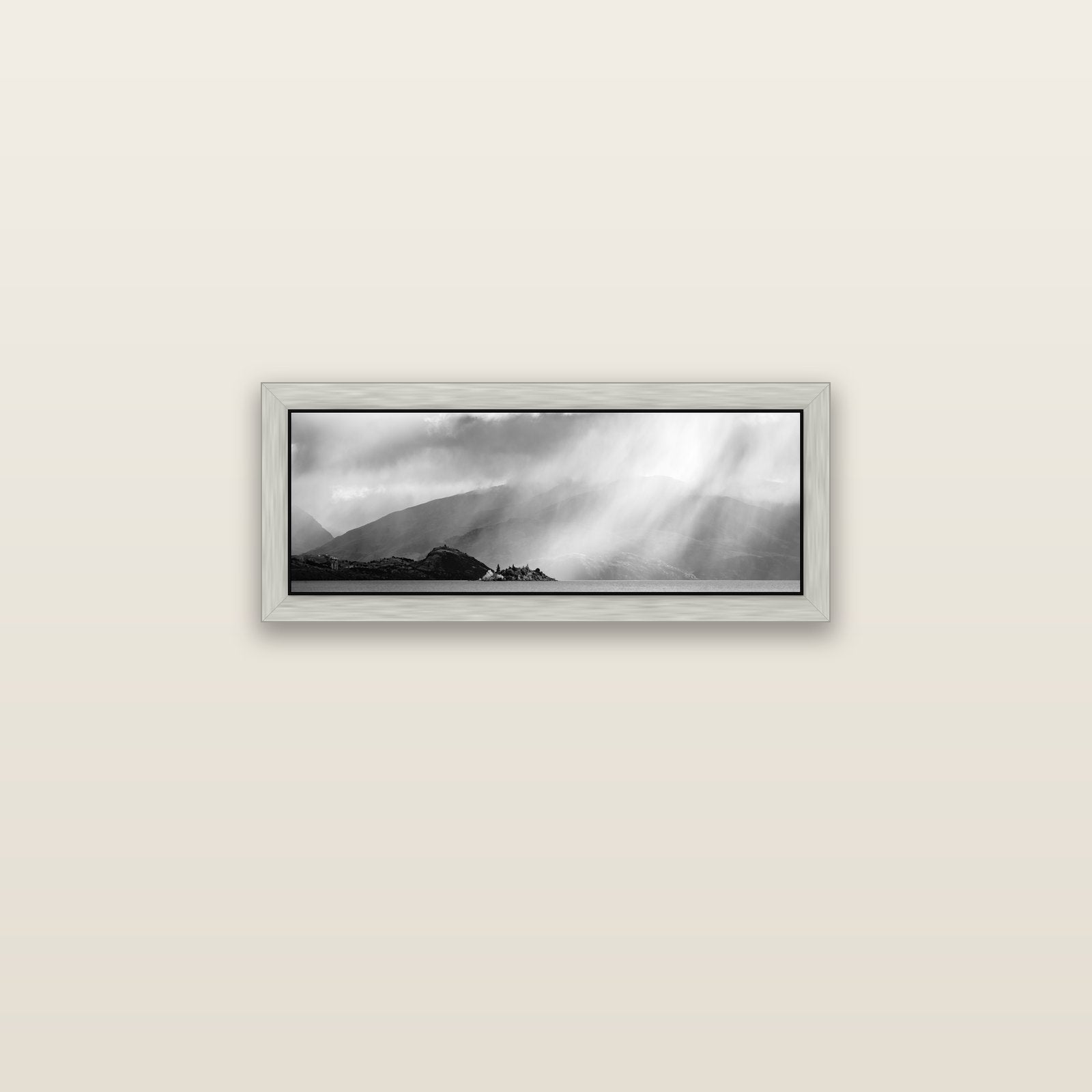 Aspiring Storm, Lake Wanaka — silver float frame canvas, 71 × 25 cm. New Zealand fine art landscape wall art by Stephen Milner.