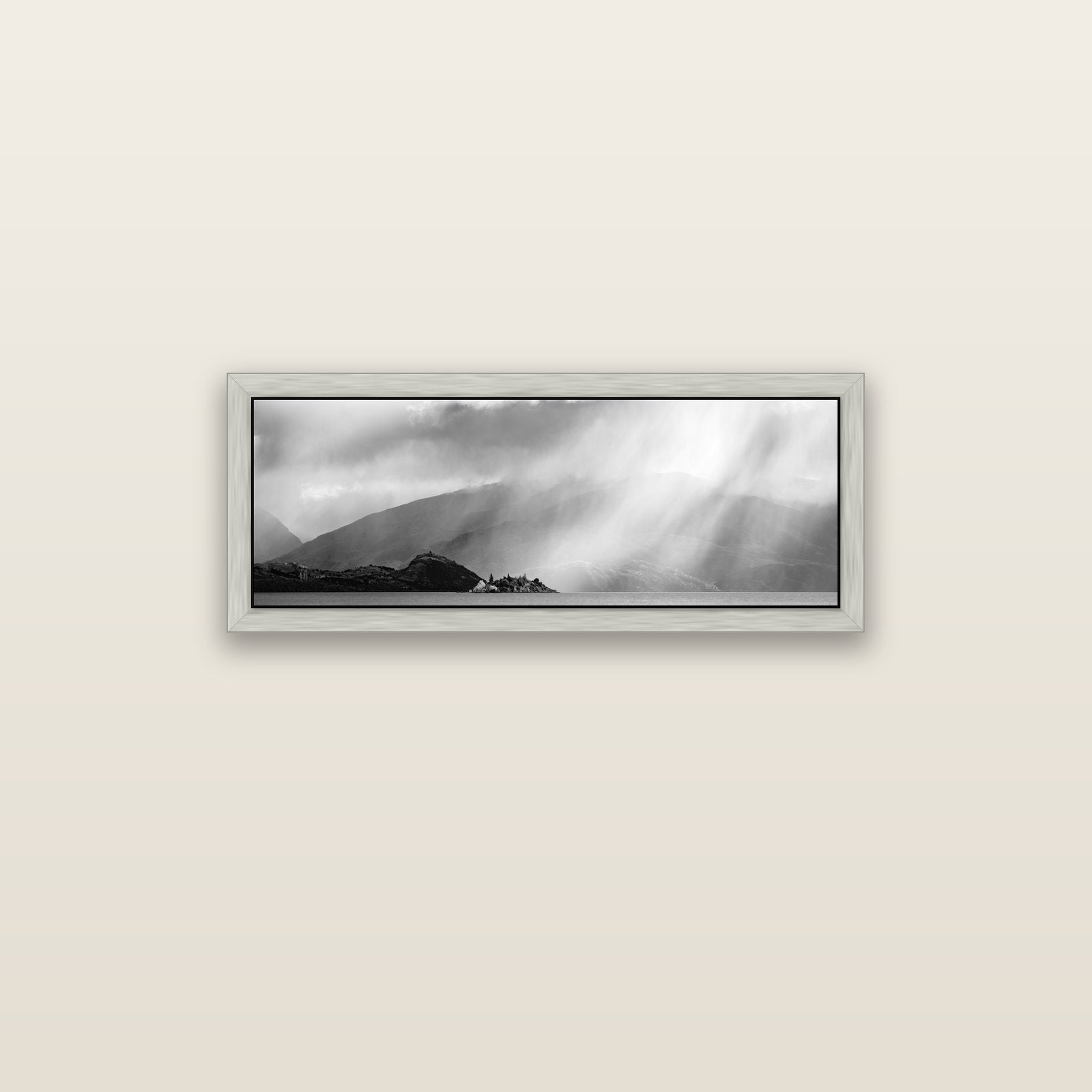 Aspiring Storm, Lake Wanaka — silver float frame canvas, 91 × 31 cm. New Zealand fine art landscape wall art by Stephen Milner.