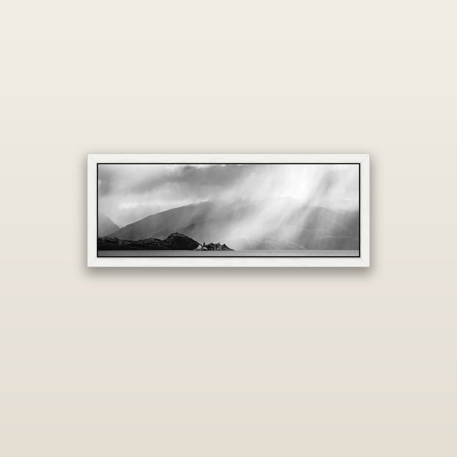 Aspiring Storm, Lake Wanaka — white float frame canvas, 102 × 36 cm. New Zealand fine art landscape wall art by Stephen Milner.