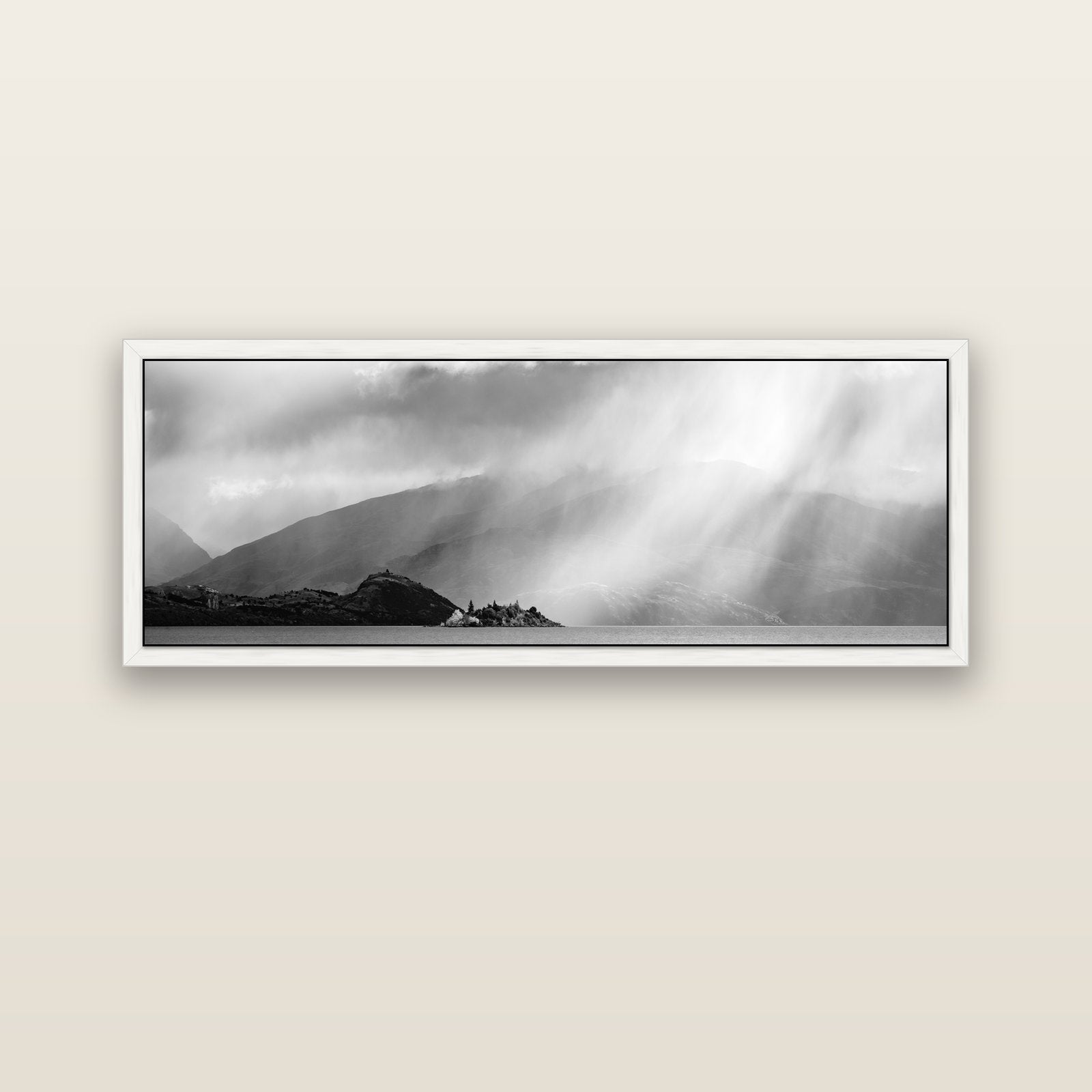 Aspiring Storm, Lake Wanaka — white float frame canvas, 152 × 56 cm. New Zealand fine art landscape wall art by Stephen Milner.
