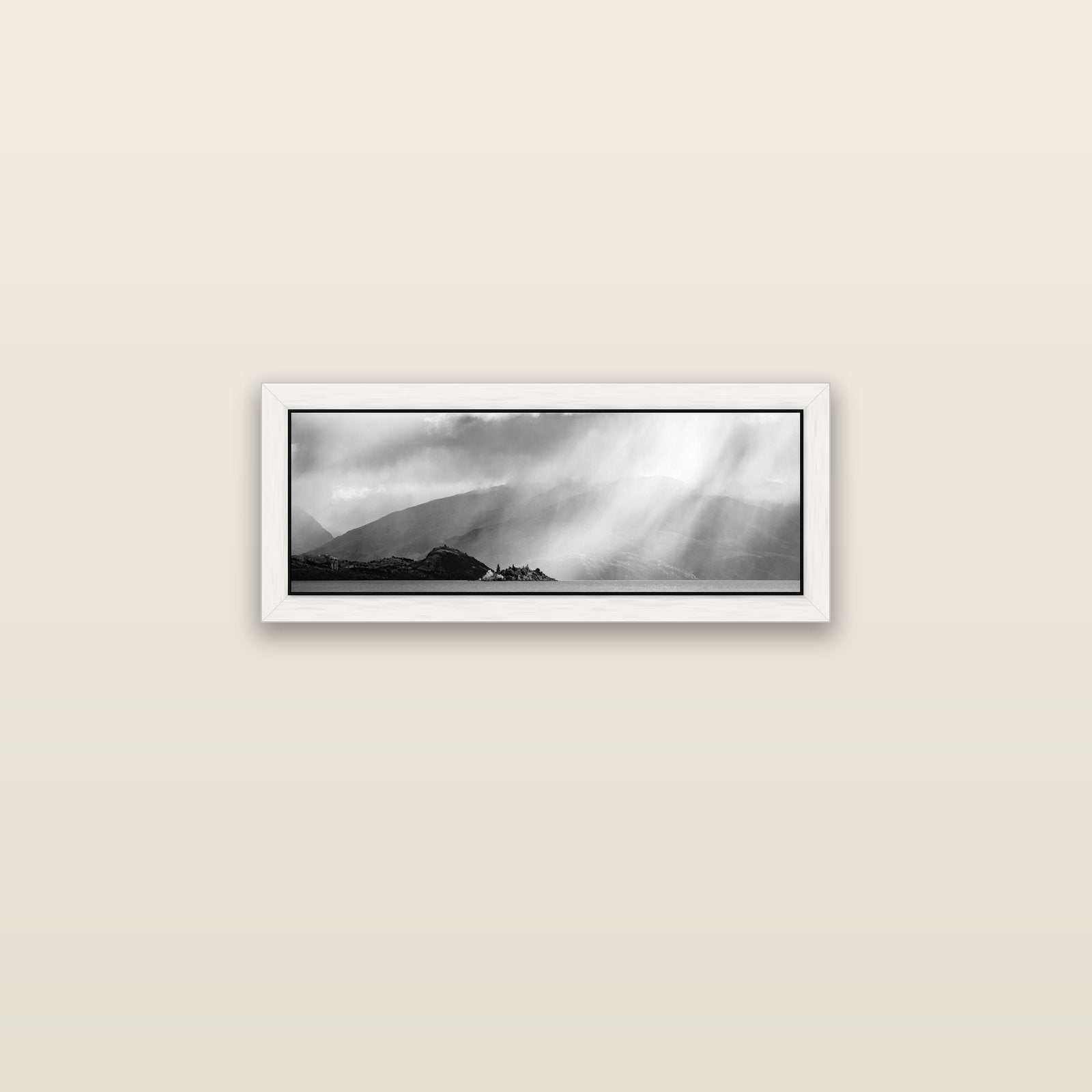Aspiring Storm, Lake Wanaka — white float frame canvas, 71 × 25 cm. New Zealand fine art landscape wall art by Stephen Milner.