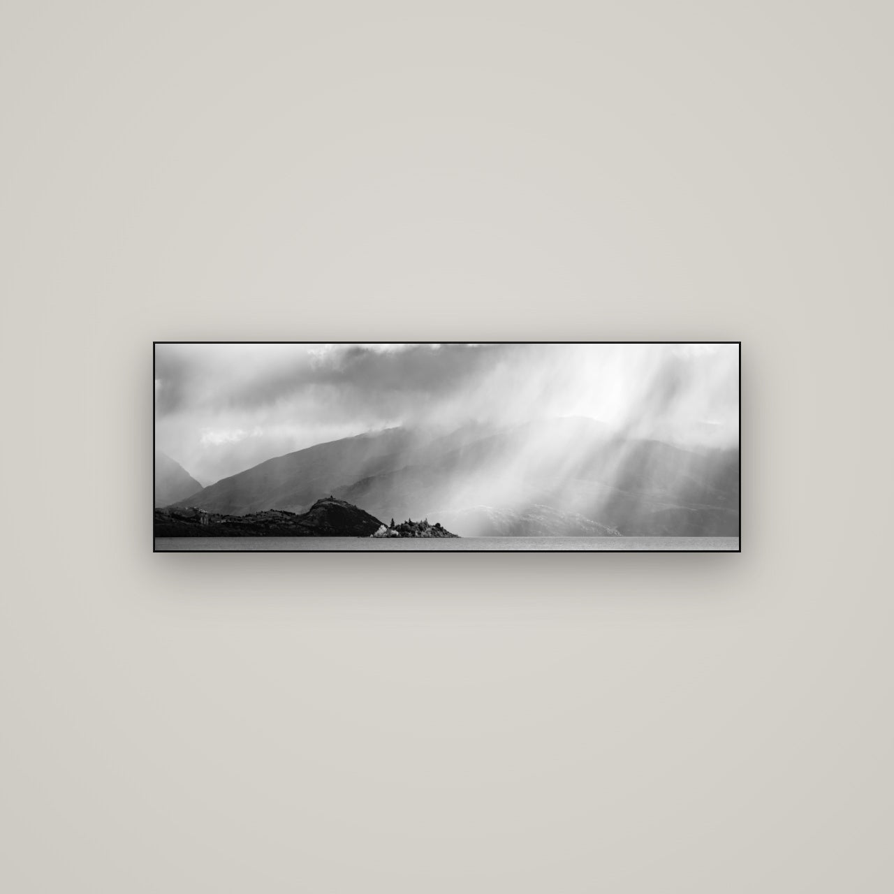 Aspiring Storm, Lake Wanaka — Slimline Black, 113×40 cm. New Zealand fine art wall art by Stephen Milner.
