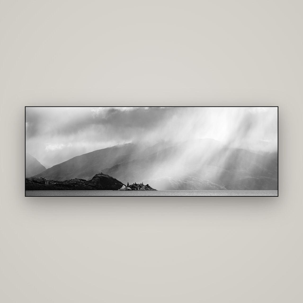 Aspiring Storm, Lake Wanaka — Slimline Black, 170×60 cm. New Zealand fine art wall art by Stephen Milner.