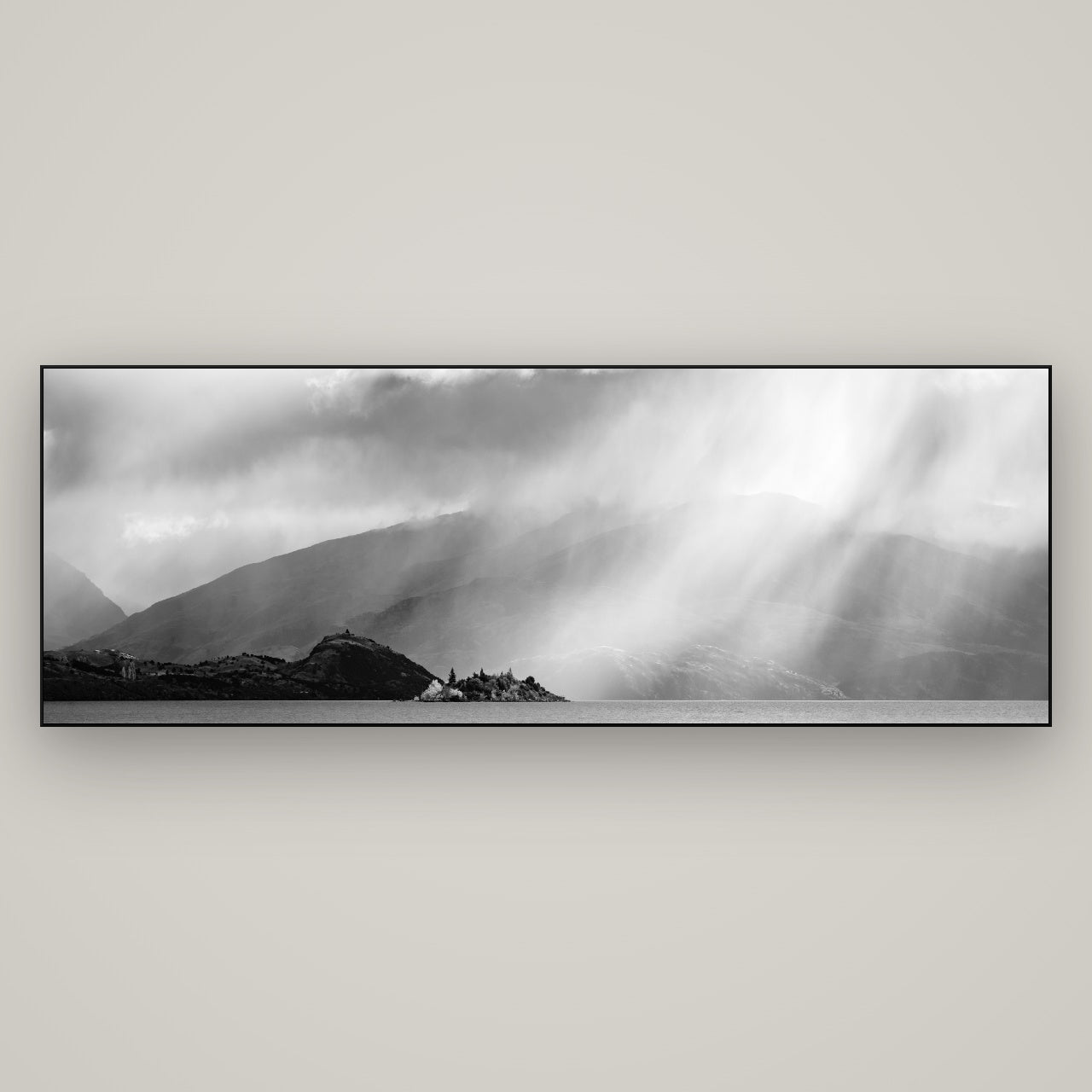 Aspiring Storm, Lake Wanaka — Slimline Black, 198×70 cm. New Zealand fine art wall art by Stephen Milner.
