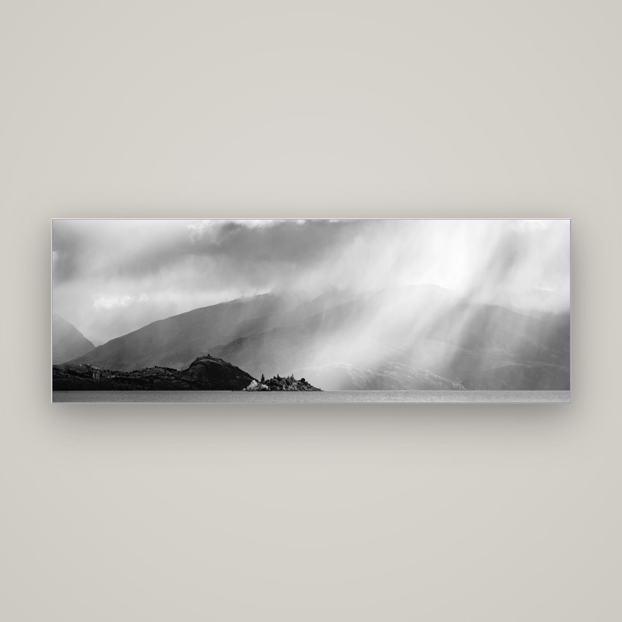 Aspiring Storm, Lake Wanaka — Slimline Silver, 170×60 cm. New Zealand fine art wall art by Stephen Milner.
