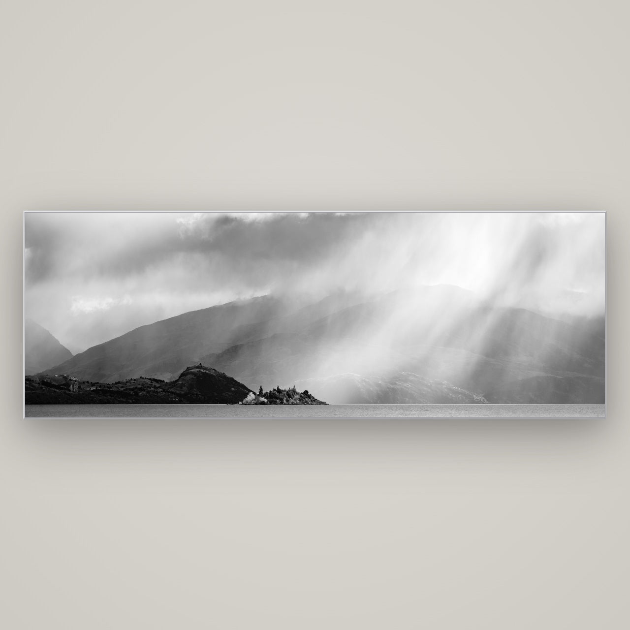 Aspiring Storm, Lake Wanaka — Slimline Silver, 198×70 cm. New Zealand fine art wall art by Stephen Milner.