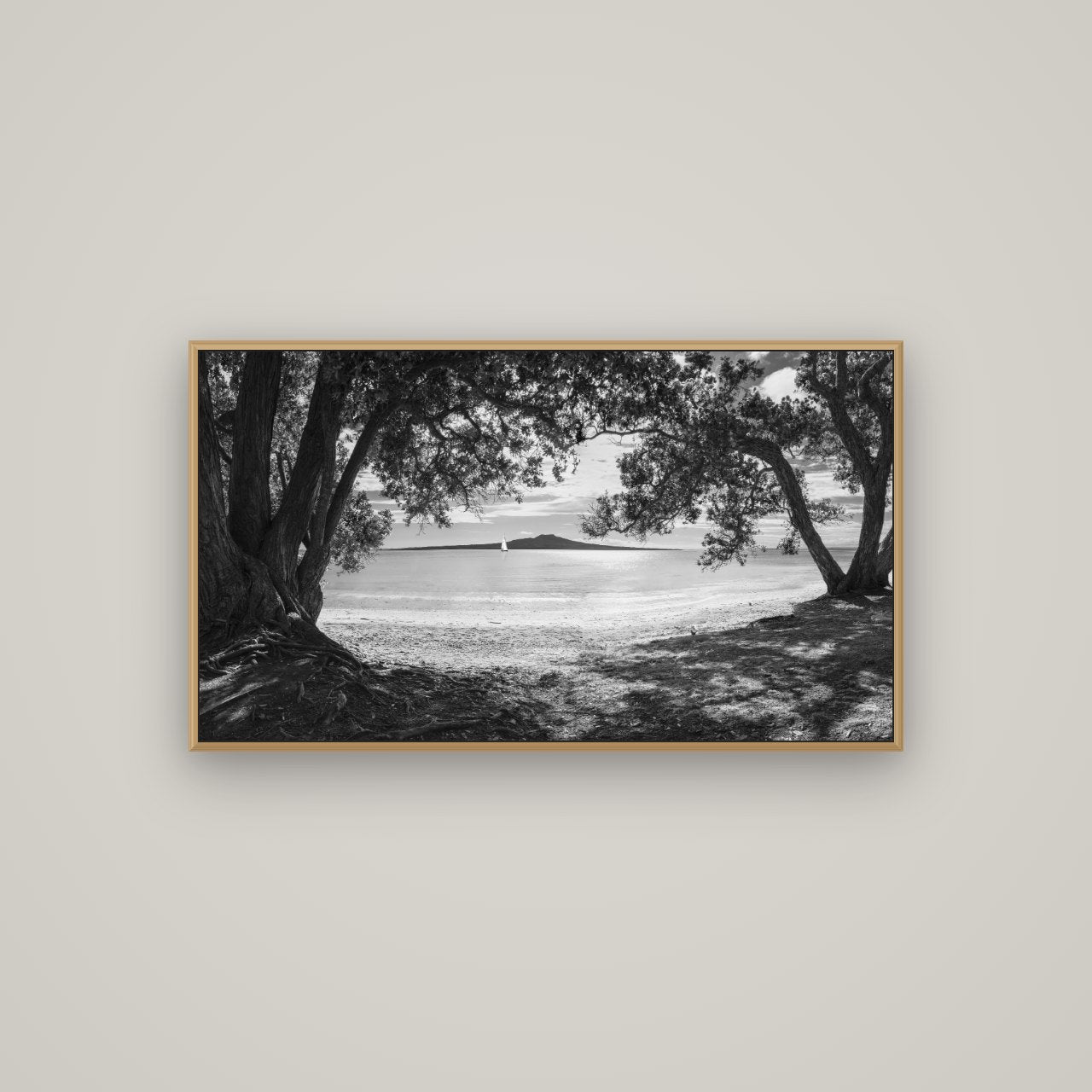 Auckland's Canvas, Pōhutukawa Symphony, Basel Natural Oak, 107×60 cm. New Zealand fine art wall art by Stephen Milner.